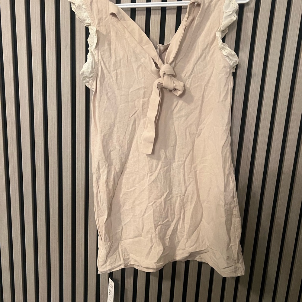 ‼️SOLD‼️ Beige V-Neck Eyelet Trim Mini Dress - Picture 6 of 6